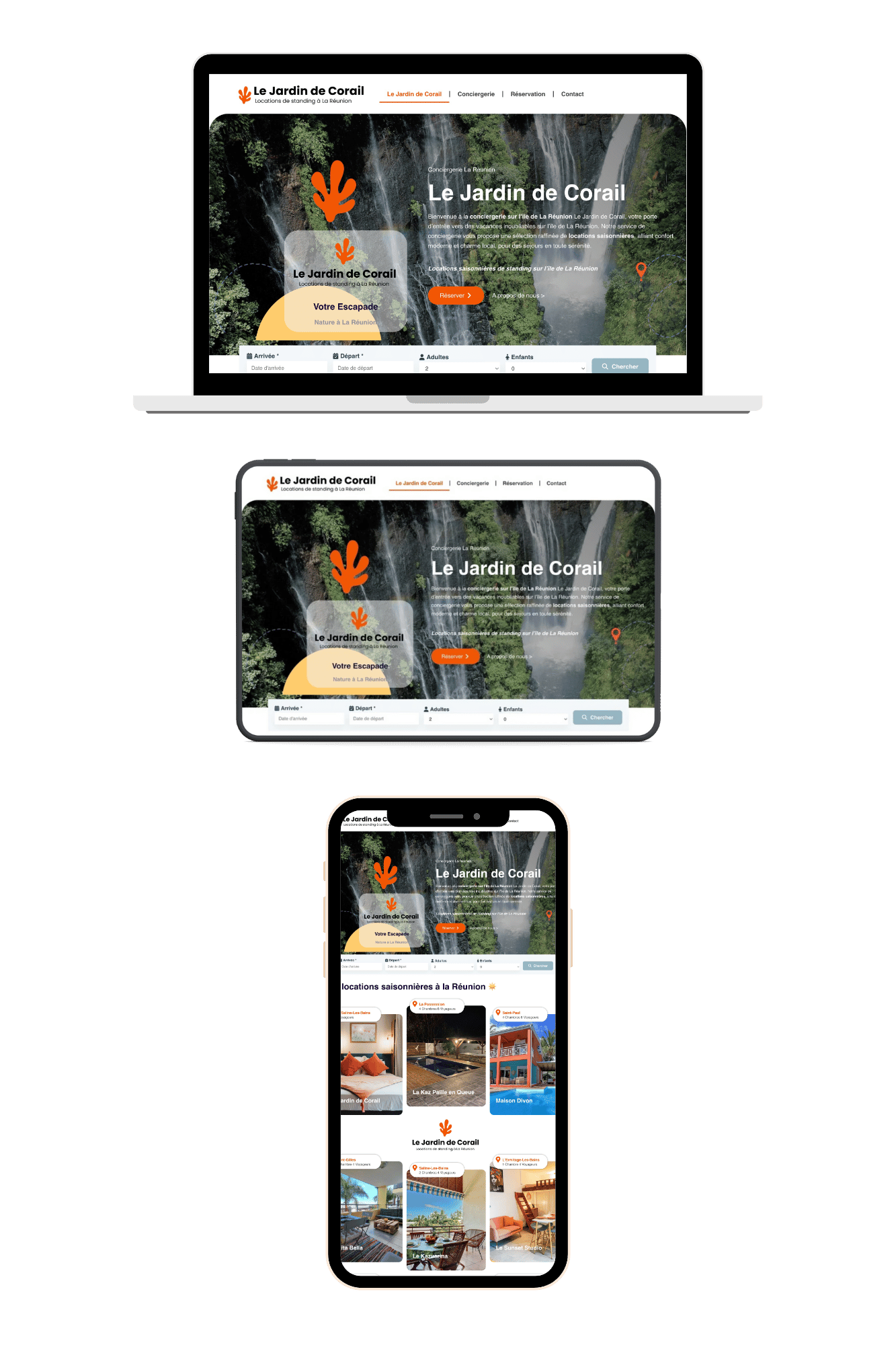Exemple de web design pour une conciergerie à La Réunion, maquette responsive du site Le Jardin de Corail présentée sur ordinateur, tablette et mobile.