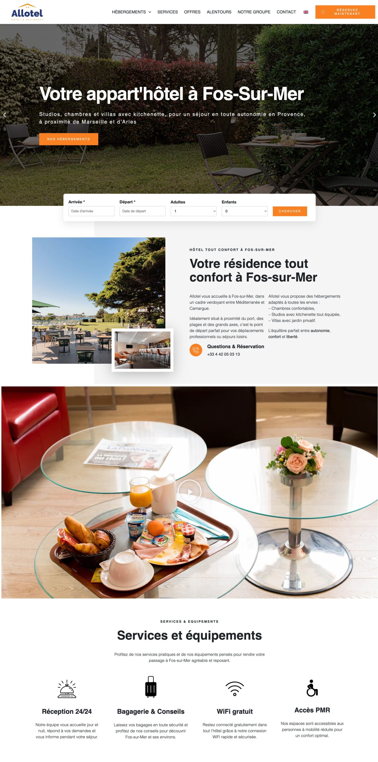 Screenshot of the Allotel home page showing accommodation, services and restaurants in Fos-sur-Mer