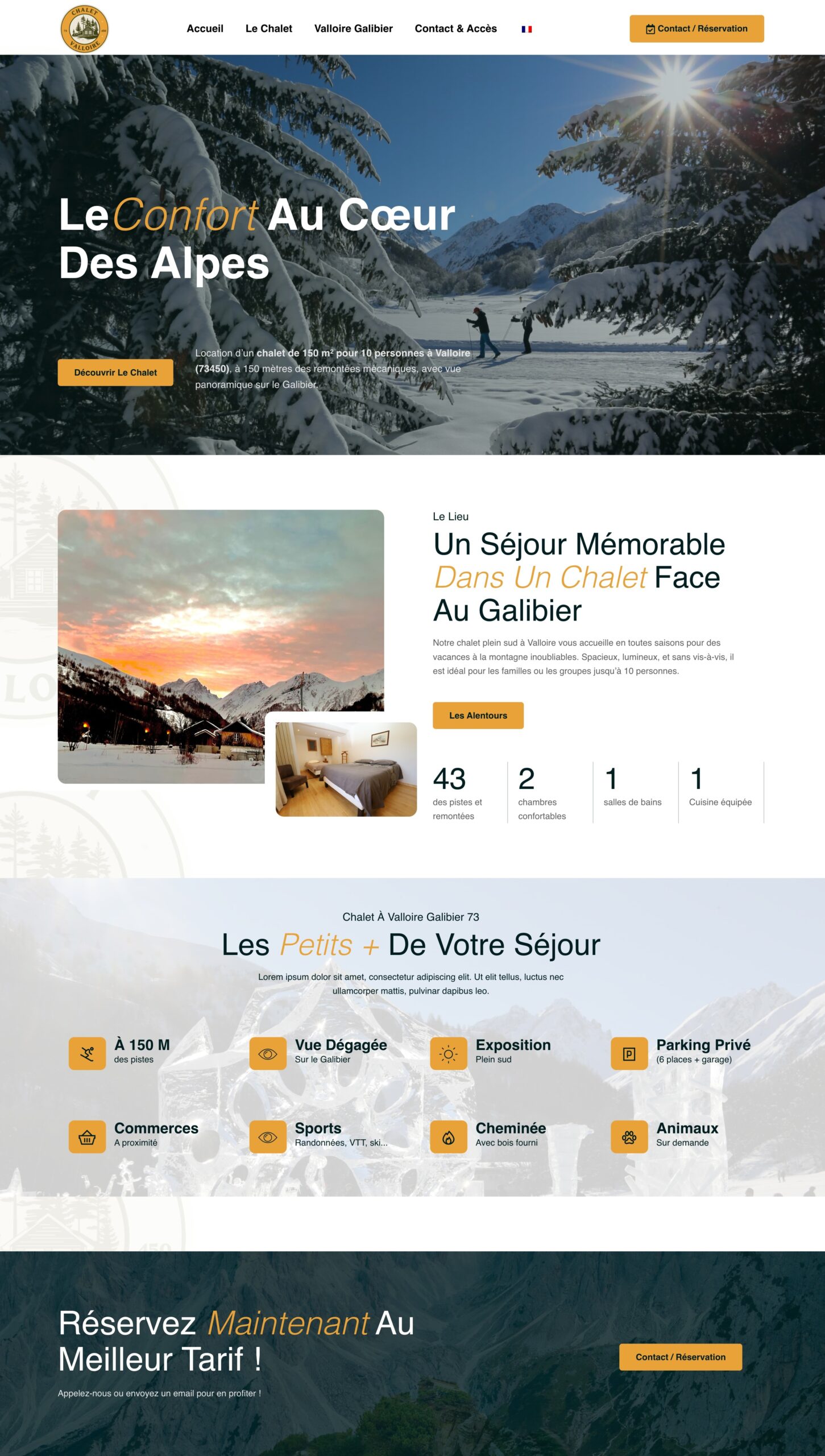 Example of a website for a chalet in Valloire, presenting a mountain rental facing the Galibier. Modern web design with emphasis on comfort, services and online booking.