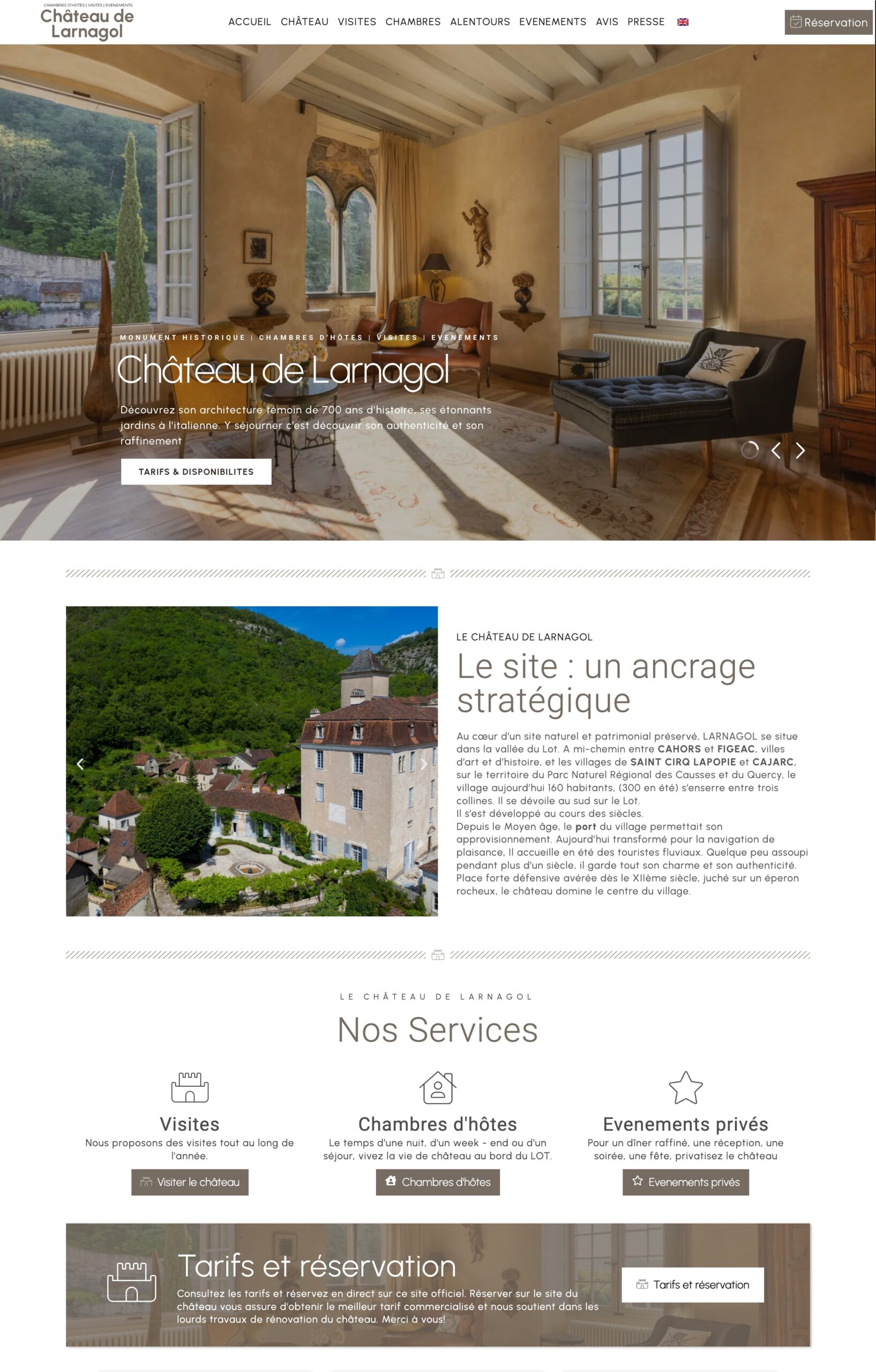 Home page for the Château de Larnagol website, in the Lot department. Refined web design showcasing the château's architectural heritage, its guest rooms and its tour and private events services.