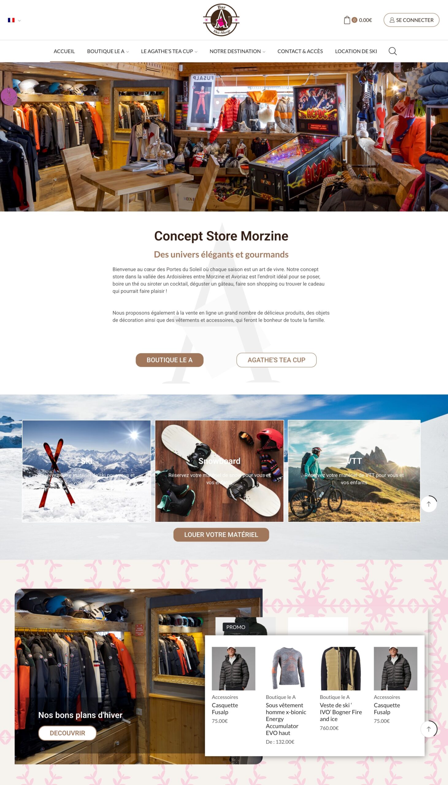 Schermata del sito web del Concept Store Morzine, un'elegante boutique di montagna che offre abbigliamento, accessori e prodotti locali.