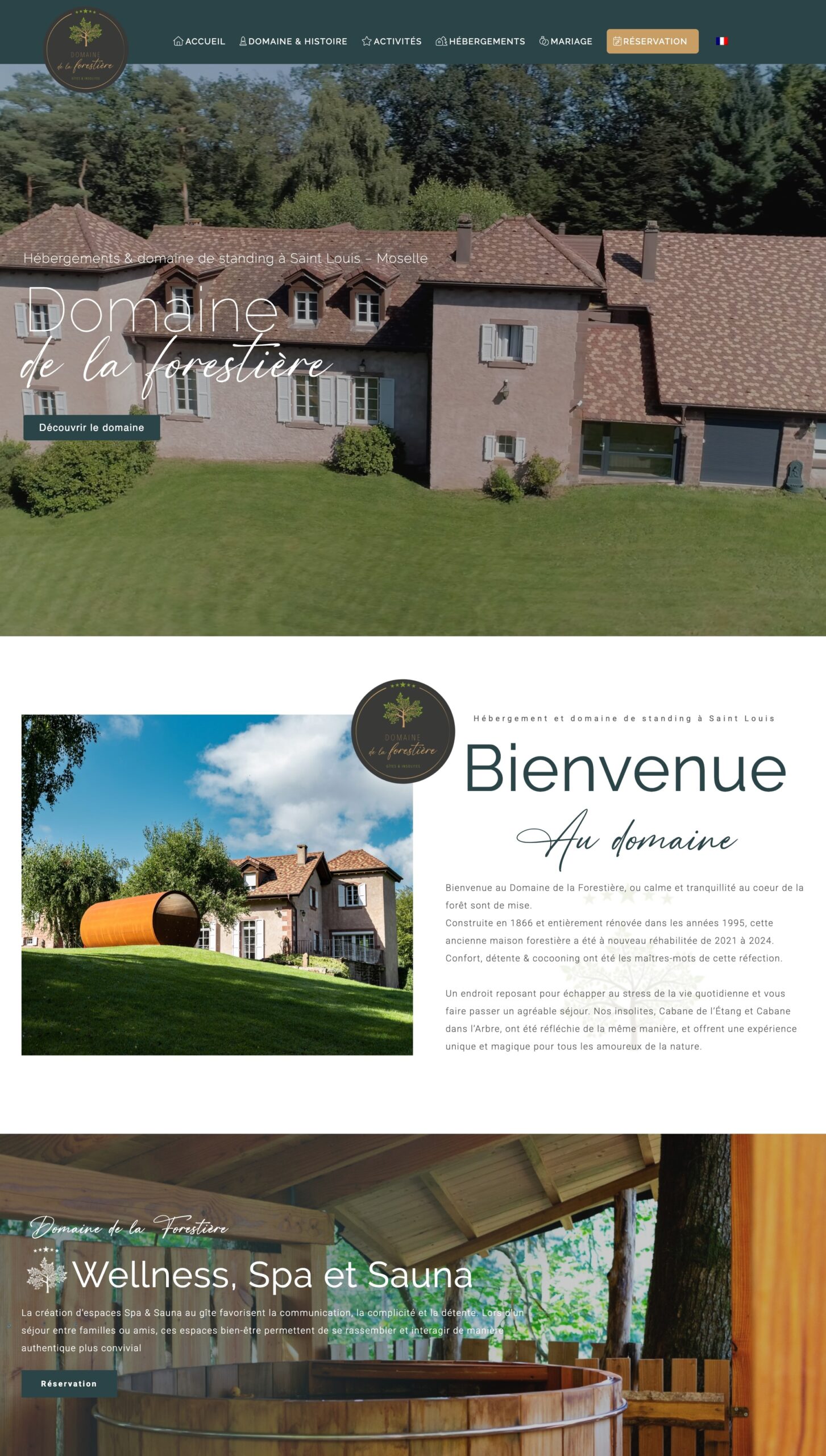 Screenshot from the website of Domaine de la Forestière in Saint-Louis, a forest estate with accommodation, spa and wellness areas in the heart of nature.