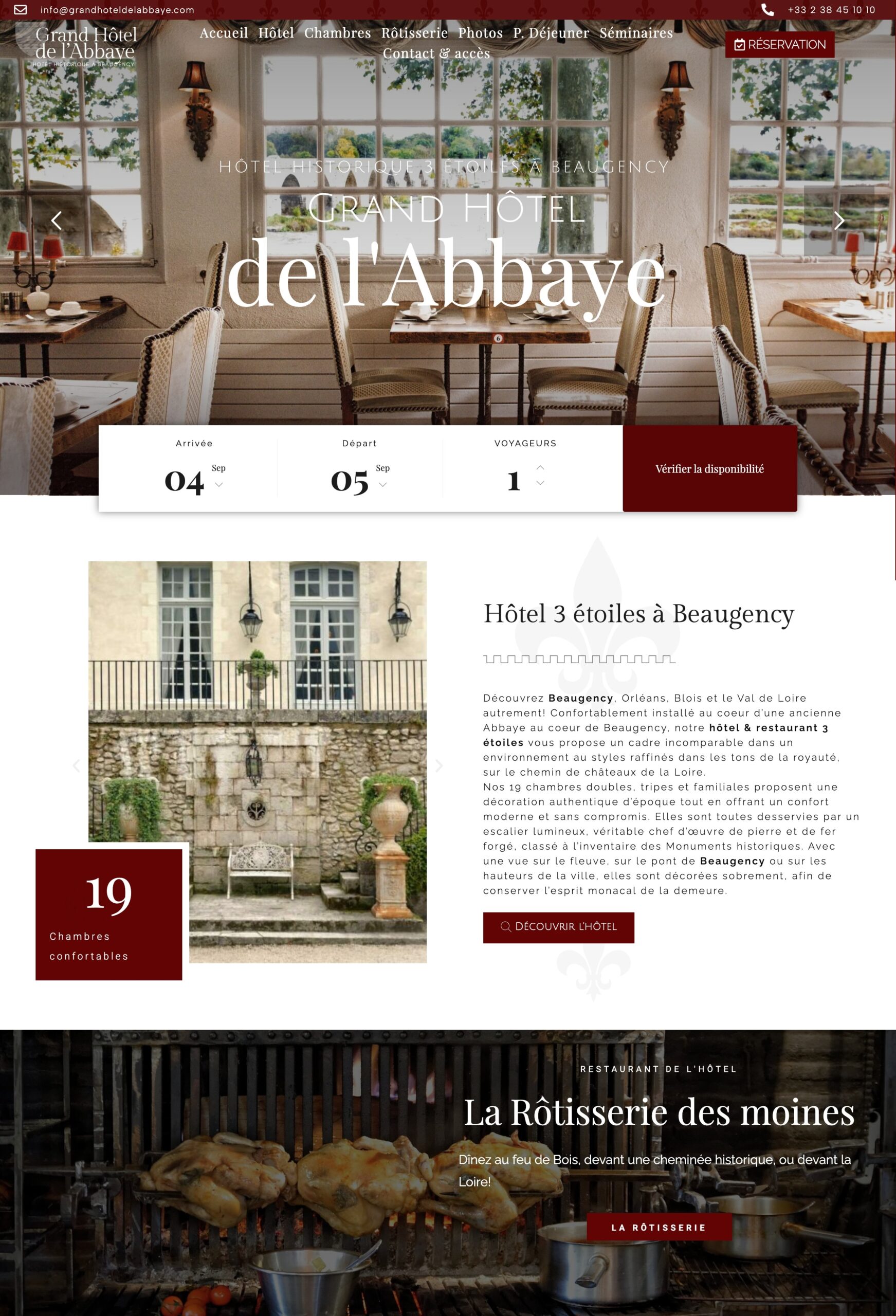 Screenshot of the website for the Grand Hôtel de l'Abbaye in Beaugency, a historic monument renovated with an elegant, modern web design.