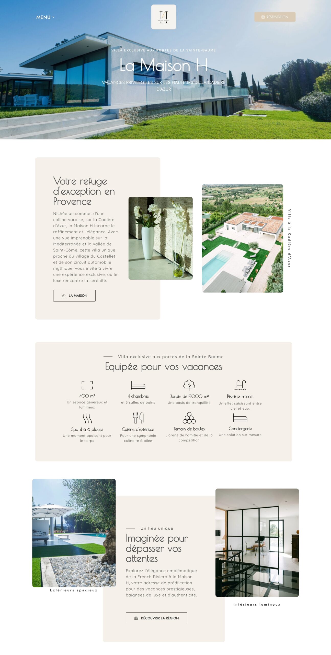 Création d’un site sur-mesure pour une villa de luxe en Provence, présentant La Maison H avec un web design élégant, des visuels immersifs et une mise en page raffinée inspirée du style French Riviera.