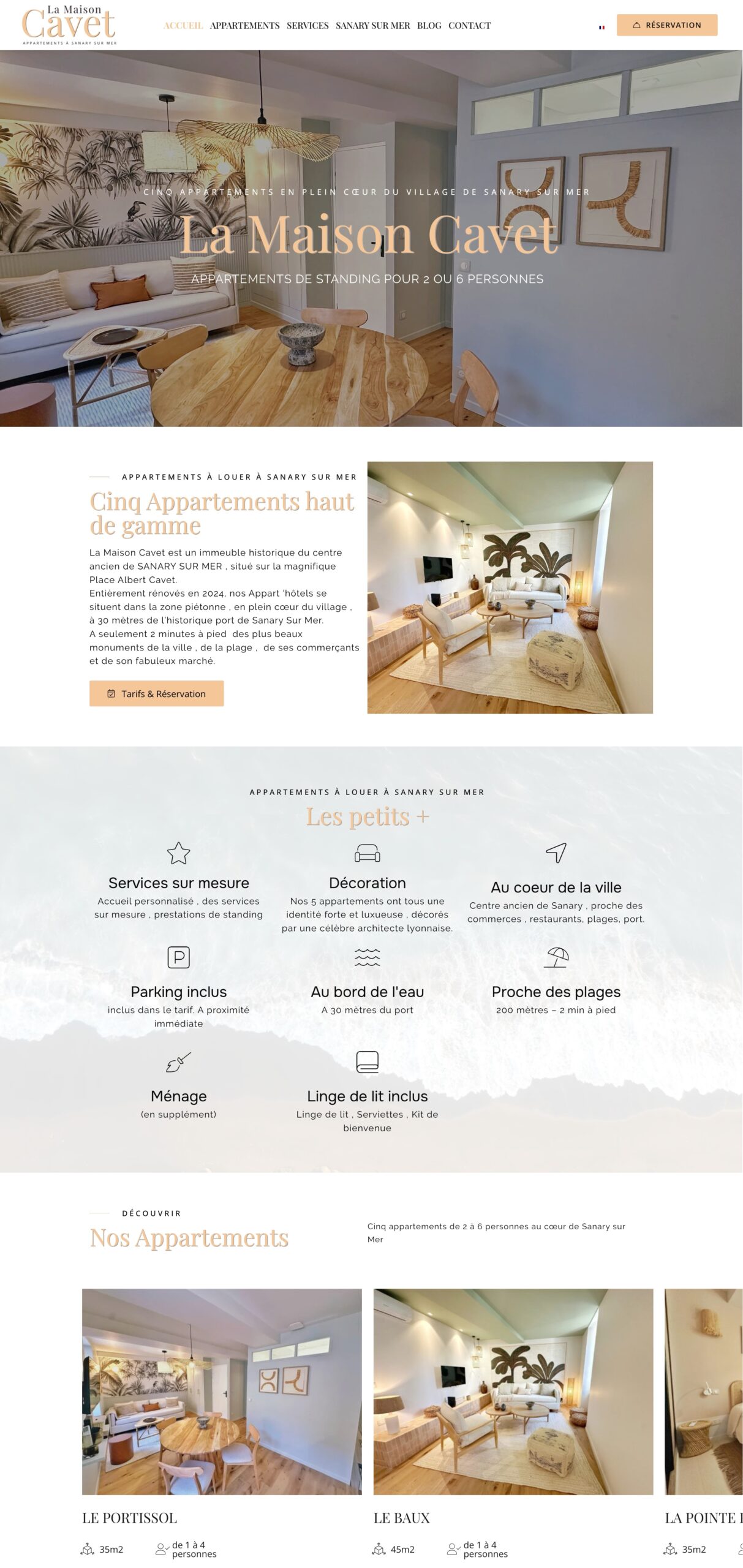 Home page for the La Maison Cavet booking portal, offering luxury flats in Sanary-sur-Mer. The bespoke web design is sleek and elegant, making it easy to book online and showcasing the property's top-of-the-range amenities.