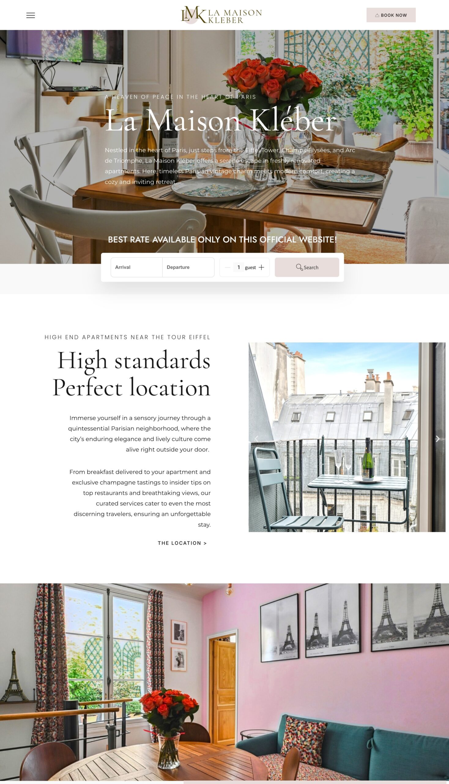 Screenshot from the website of La Maison Kléber in Paris, luxury flats near the Eiffel Tower offering comfort, elegance and refined design