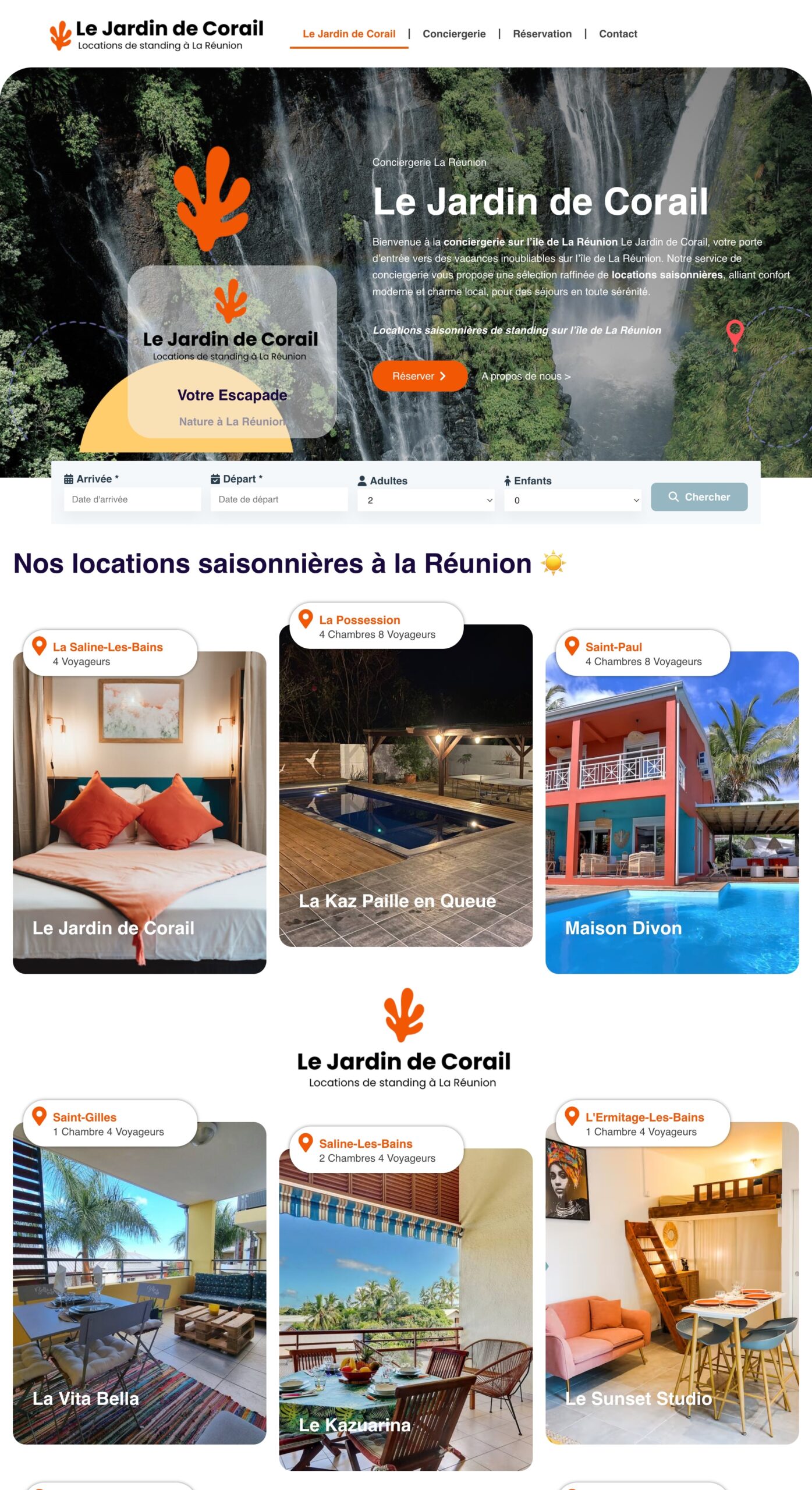 An example of web design for a concierge service in La Réunion, the Jardin de Corail website featuring top-of-the-range seasonal rentals, an intuitive search engine and a modern, uncluttered interface.