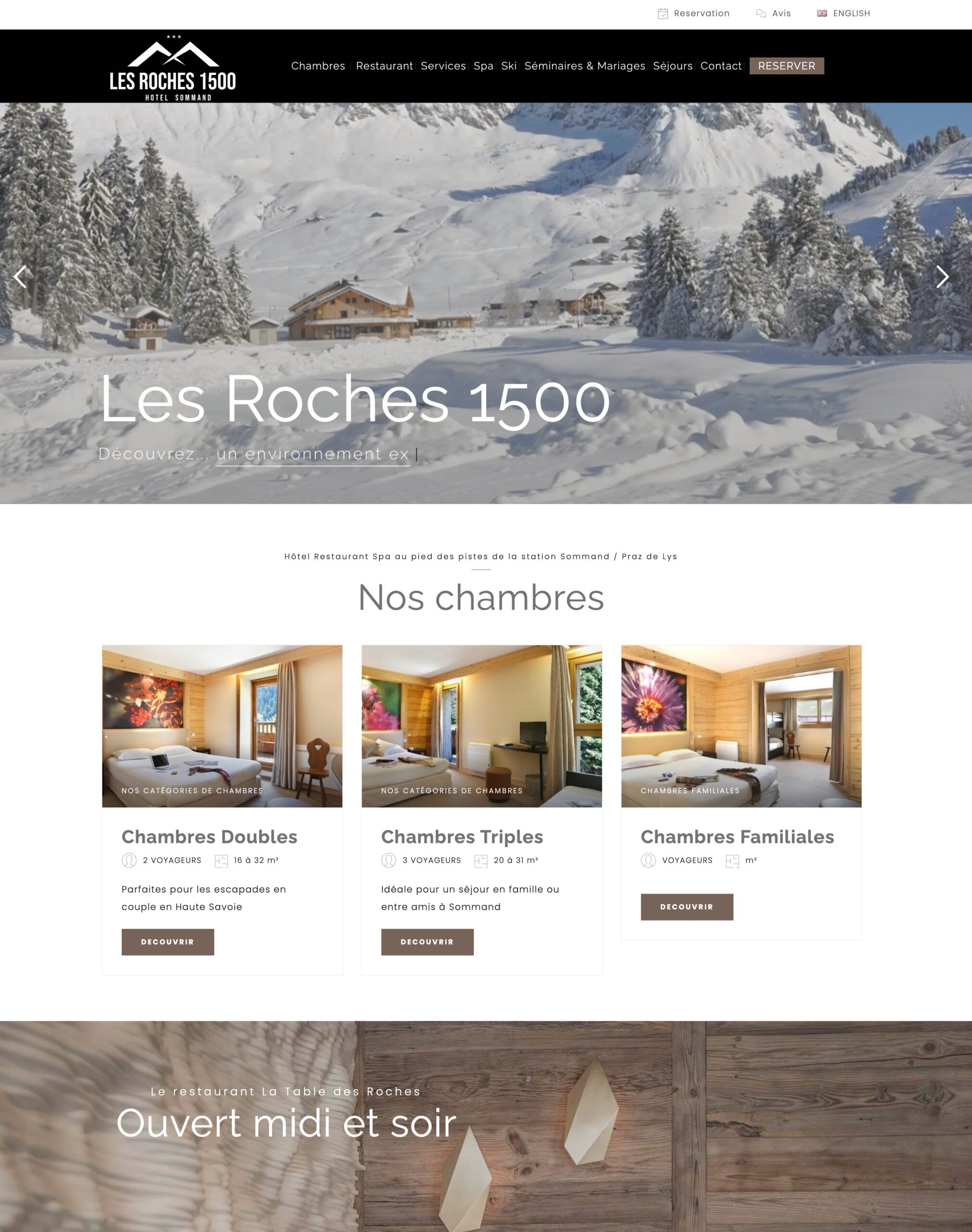 Screenshot from the website of Les Roches 1500 hotel in Sommand, a mountain hotel-restaurant at the foot of the slopes in Haute-Savoie.