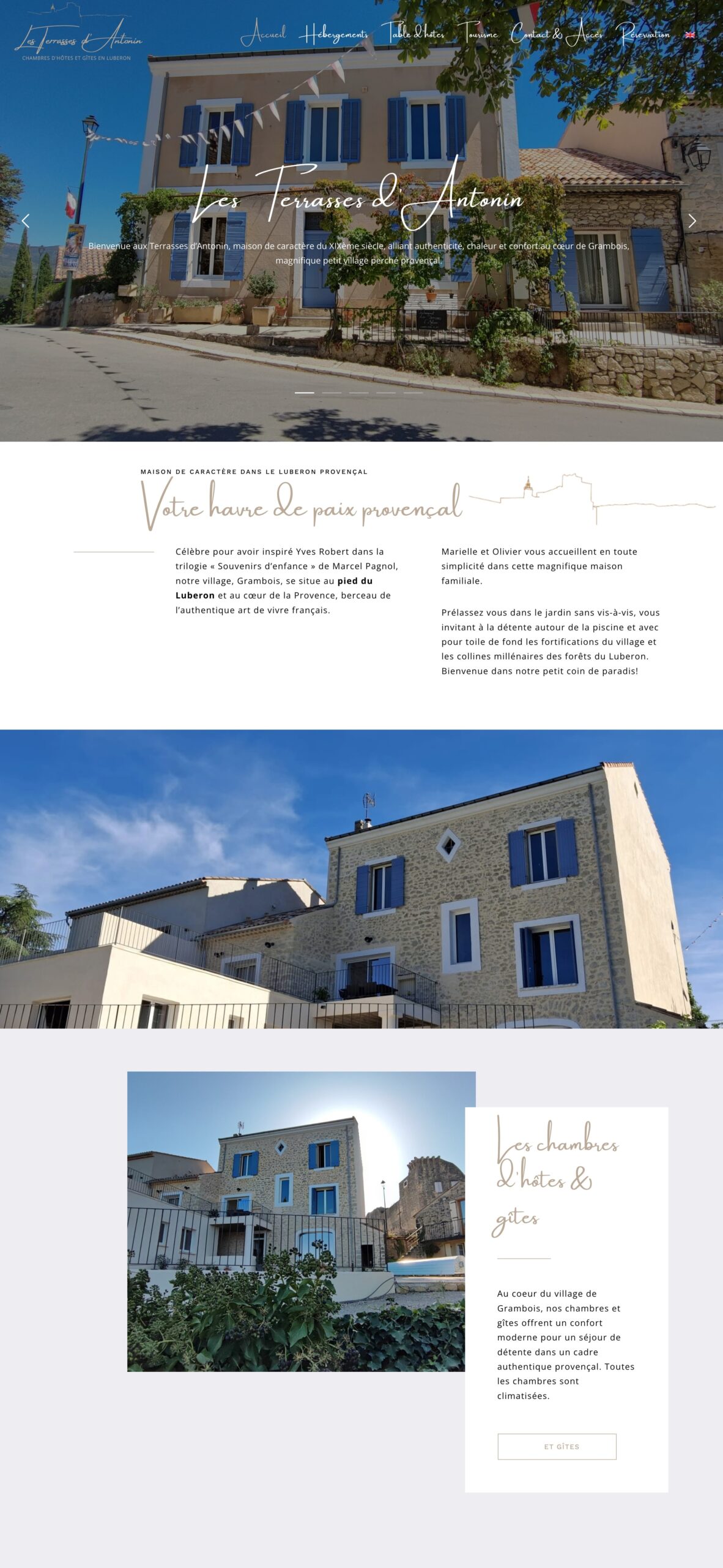 Web portal for a guest house in Provence, Les Terrasses d'Antonin in Grambois, with an elegant, warm design highlighting the charm of the Luberon and the authentic spirit of a bed and breakfast.