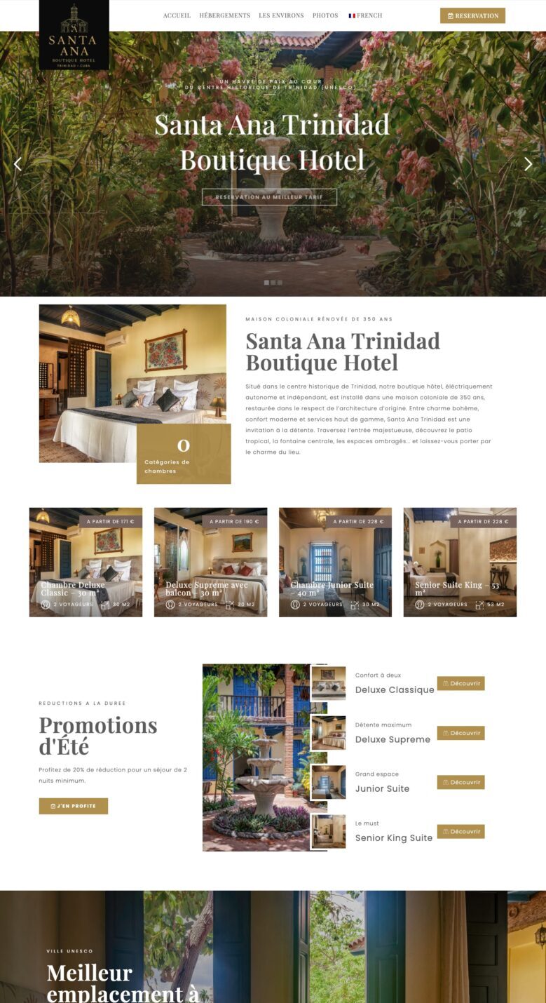 Overview of the Santa Ana Trinidad Boutique Hotel website, with rooms, promotions and image galleries - example of a modern, responsive guest house website.