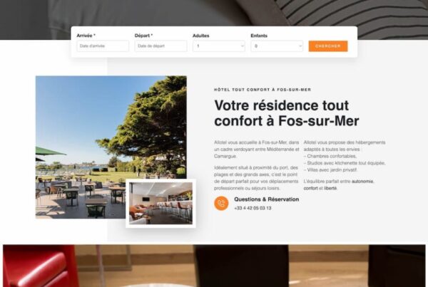 Capture d’écran de la page d’accueil du site Allotel présentant les hébergements, services et restaurant à Fos-sur-Mer
