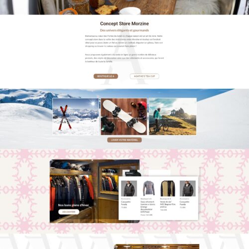 Capture d’écran du site web du Concept Store Morzine, boutique de montagne proposant vêtements, accessoires et produits gourmands.